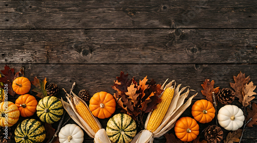 Rustic autumn arrangement of pumpkins and dried corn on a weathered dark wooden background with autumn harvest fall pumpkins thanksgiving decor
