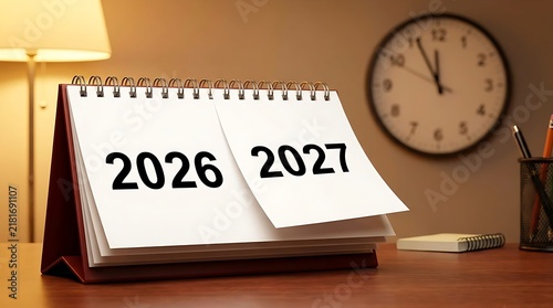 Desk calendar showing the transition from 2026 to 2027, with a wall clock and warm office lighting, symbolizing time, planning, and the new year