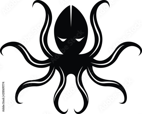 Black octopus silhouette with curved tentacles silhouette creature tentacle underwater isolated wildlife abstract illustration blackwork tentacles symmetrical swimming invertebrate