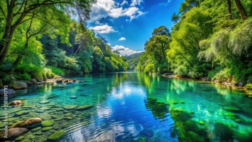 Serene River Reflecting Lush Foliage and a Vivid Sky in a Picturesque Natural Landscape
