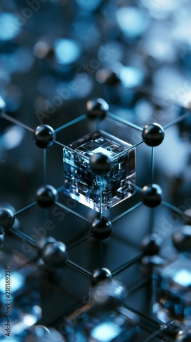 Abstract digital network structure with glowing cube at the center