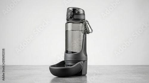 Pet water bottle dispenser with an attached foldable drinking bowl stands on a reflective grey tabletop against a bright studio background.