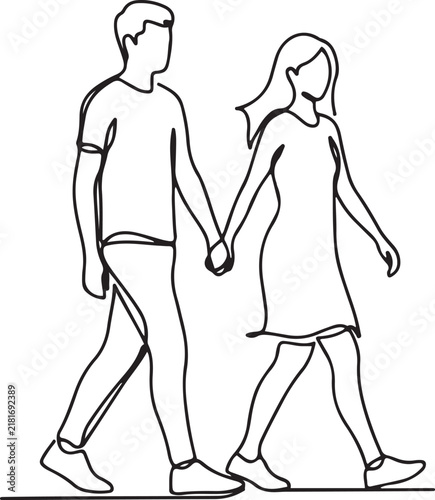 Young couple walking together holding hands continuous. one line art icon drawing