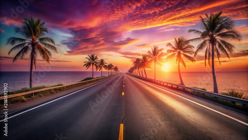 Serene Coastal Highway at Sunset with Palm Trees Lining the Road