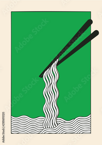 Creative Noodle Illustration with Chopsticks on Green Background