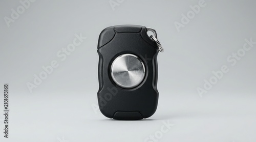 Smart tracker device encased in durable matte black armor with a brushed metal center stands upright against a plain gradient background.