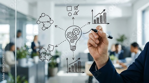 Business professional drawing a creative innovation concept on a glass wall in an office.