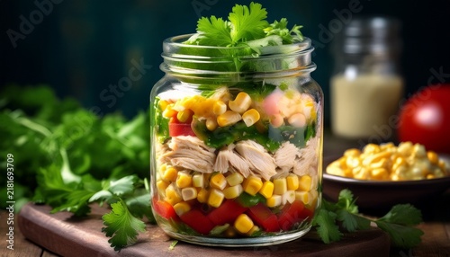 ai generated image of layered salad in a jar with chicken corn and fresh cilantro
