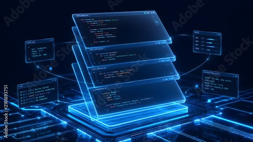 Obraz na płótnie Holographic programming code screens stacked over glowing blue base displaying software development process and server metrics