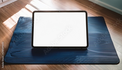 modern black digital tablet with a blank white screen sits horizontally on a dark blue textured yoga mat in a bright minimalist indoor room with natural light product mockup design