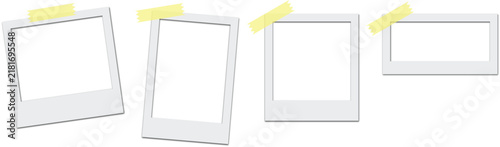 Transparent instant photo frame with realistic retro vintage texture, portrait blank film, polaroid picture wall frames, adhesive tape shadow effect mockup on transparent PNG background element