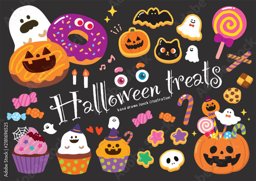 ハロウィンのお菓子のかわいい手描きベクターイラストセット