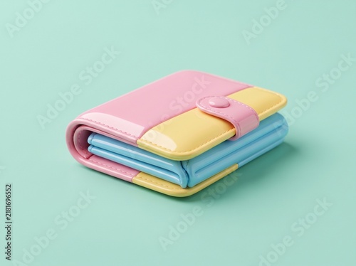 A small colorful leather wallet with pastel pink yellow and blue panels isolated on a light green background