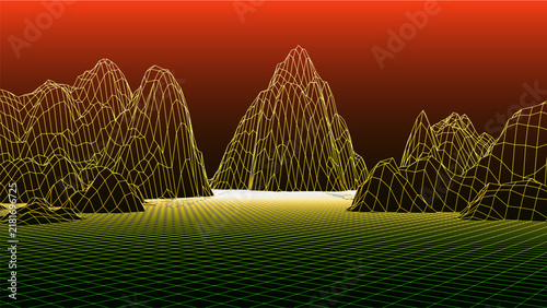 A futuristic digital landscape featuring mountain peaks rendered as a glowing wireframe mesh. The geometric surface stretches toward the horizon, creating a sense of virtual space and three