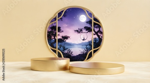 A beautiful round decorative plate featuring a serene moonlit landscape scene for the traditional mid autumn festival china celebration displayed on a minimalist wooden stand