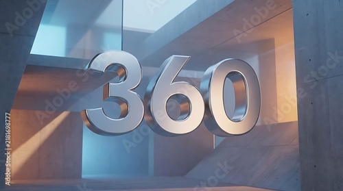 Futuristic metallic 360 number displayed in a modern architectural setting with blue and warm lighting, representing technology, innovation, and a new perspective.