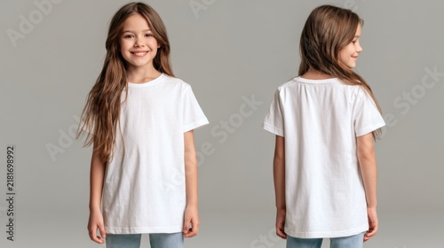 Front and back view of happy young girl with long hair wearing plain white t-shirt and blue jeans smiling standing on gray background