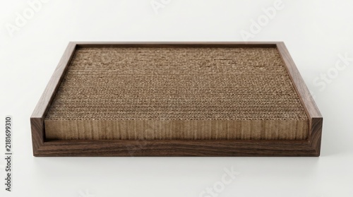 Cat scratching board crafted with dense corrugated cardboard set in a minimalist dark wooden frame rests on a plain white studio surface.