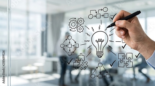 Hand drawing a business strategy and innovation concept on a glass wall in an office.