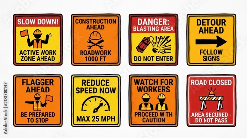 Road construction safety signs set with warning icons and text