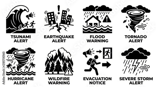 Natural disaster warning icons set for emergency alerts