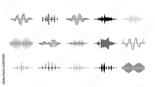 Foto Set of minimalist black audio waveforms and sound equalizers