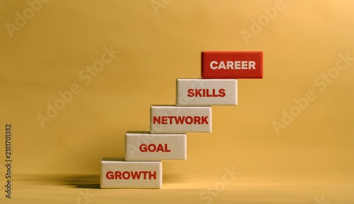 A conceptual image showing wooden blocks arranged like a staircase leading up to a red block labeled with career