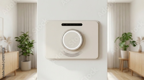 Smart thermostat featuring a glowing circular digital interface and smooth matte beige casing mounted on a textured white interior wall.