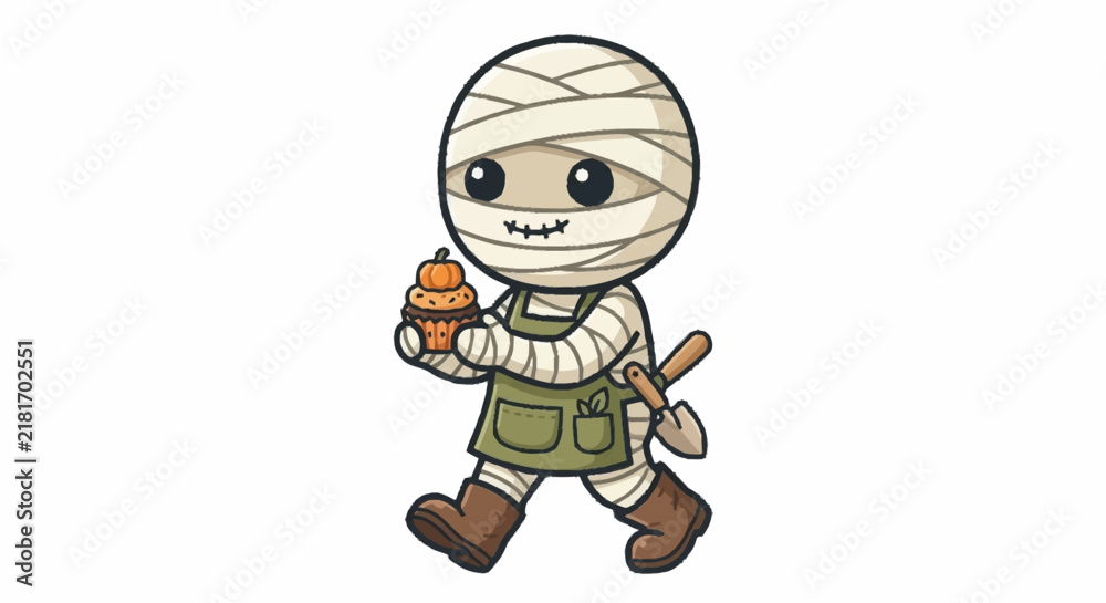 Obraz premium Industrial of a Mummy Character Holding a Pumpkin Shaped Treat and a Small Shovel Wearing a Green Apron and Brown Boots
