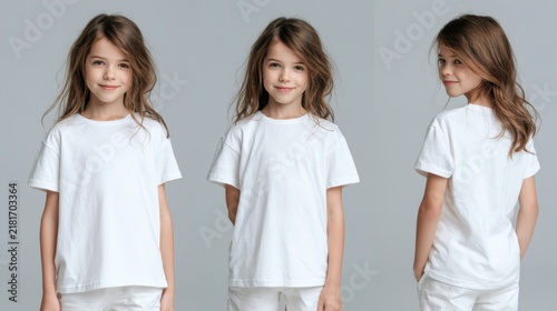 Cute smiling young girl with wavy hair wearing plain white t-shirt posing in front side and back views on gray background
