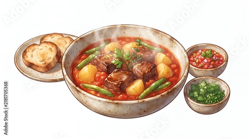 Hearty beef stew with potatoes and green beans in a rustic bowl served with toasted bread and fresh herbs isolated on white background