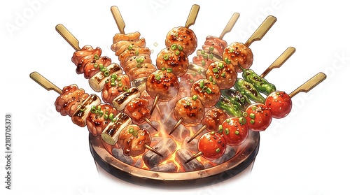 Assorted yakitori skewers with chicken, meatballs, and vegetables grilling over charcoal on a traditional japanese grill