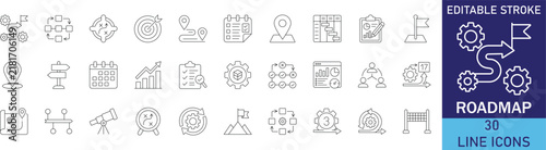 Roadmap and strategic business timeline milestone planning line icon set. Vector symbols for product release roadmap, target flag milestone, winding path journey, agile sprint schedule, and quarterly 