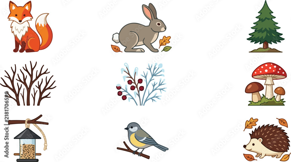 Obraz premium A delightful collection featuring charming woodland animals including a clever fox a timid rabbit and a prickly hedgehog accompanied by forest elements like mushrooms trees and birds