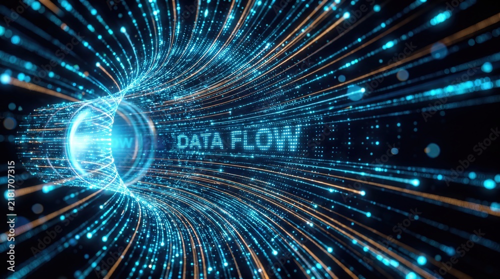 Fototapeta premium Abstract digital data flow tunnel with glowing blue light particles and fiber optic lines.