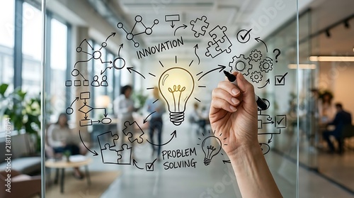 Business professional drawing an innovation and problem solving concept on a glass wall in an office.