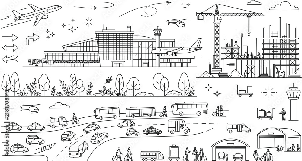 Fototapeta premium Airport Terminal and Infrastructure Construction Vector Set with Airplanes Flying Over City Traffic Buses Crane Building Site and Traveler Characters Illustration