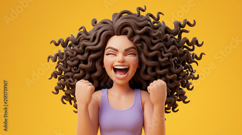 Ecstatic 3D female character with huge curly hair celebrating victory with clenched fists on yellow background