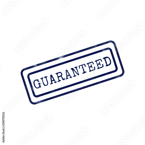 A blue ink rubber stamp with the text guaranteed inside a rectangular border on a transparent background, for assurance and verification