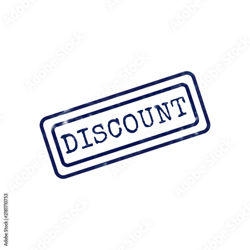 A blue ink rubber stamp with the word discount inside a rectangular frame, isolated on a white background, for retail sales, and promotions