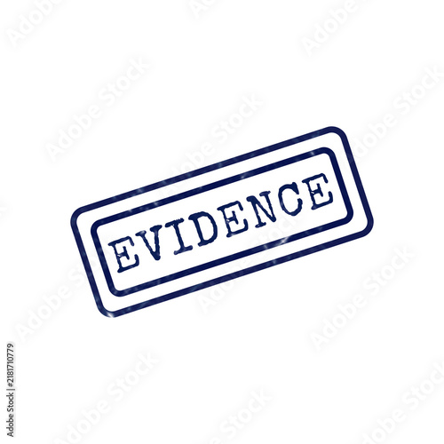 A blue ink rubber stamp with the word evidence inside a rectangular frame, isolated on a white background, for legal or, forensic documentation