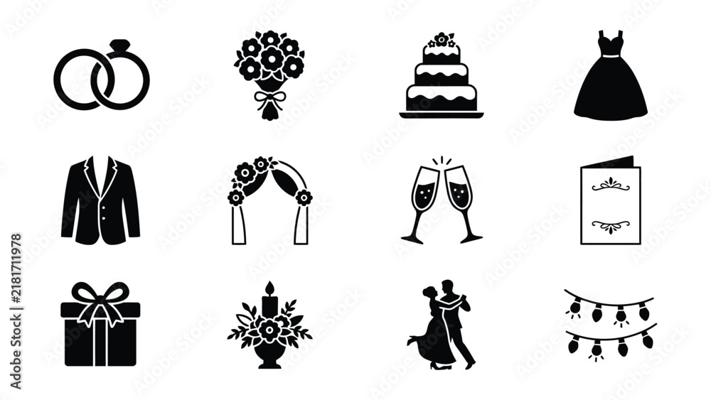 Naklejka premium Wedding Themed Icons Set Featuring Traditional Marriage Symbols And Celebration Elements