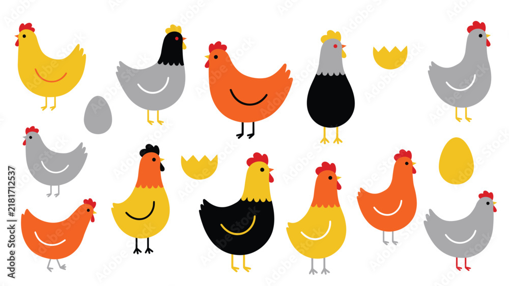 Obraz premium Cute flat design cartoon hens collection, colorful chickens with eggs and eggshells, isolated vector clip art set