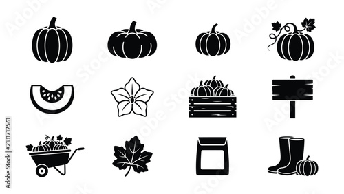 Bild auf Leinwand Autumn harvest icons featuring pumpkins vegetables and farming tools set