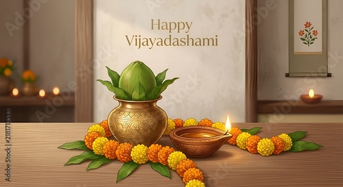 Happy Vijayadashami Background with Kalash, Mango Leaves, Diya, and Marigold Garlands