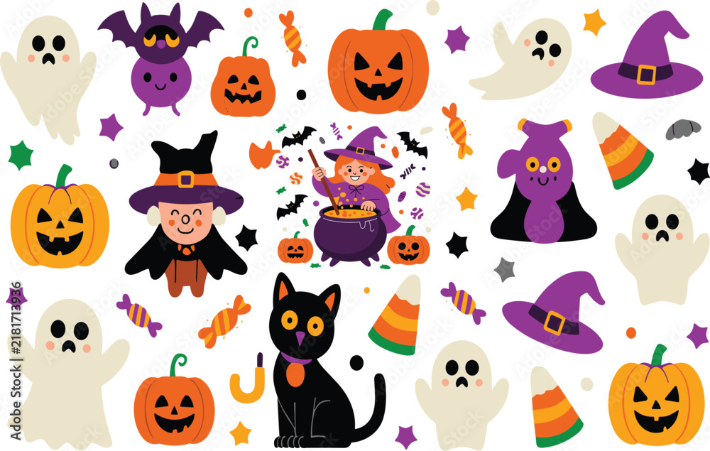 Fototapeta premium Cute Halloween Character Collection with Ghosts, Pumpkins, Witches, Black Cat, Bats, Candy Corn and Spooky Cartoon Decorations