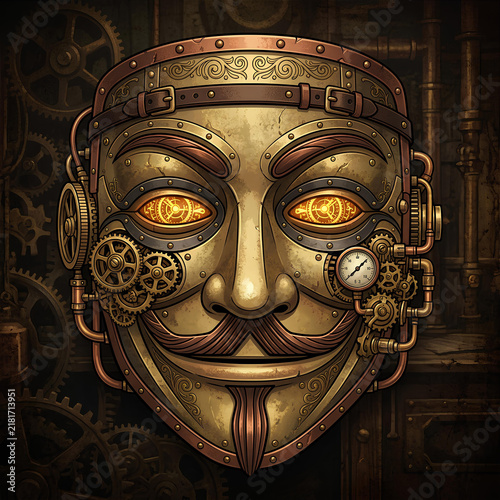 Steampunk Mask with Gears and Glowing Eyes