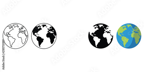 Fotografie Globe icons showing world map in thin outline solid black and blue color style f