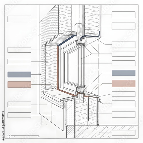 Technical building construction detail blueprint showing facade window installation and insulation.