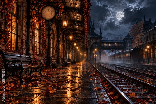 Atmospheric gothic railway station at night with rain-soaked tracks, glowing lamps, historic architecture, reflections, and dramatic moonlit storm clouds.